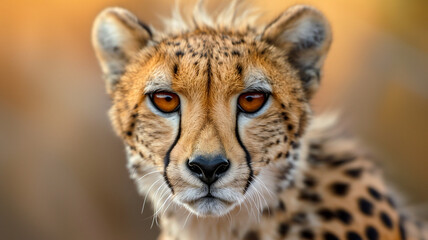 Fototapeta premium Intense gaze of a cheetah..A close-up image capturing the intense gaze of a cheetah, highlighting its deep amber eyes and exquisite fur pattern. AI generative..