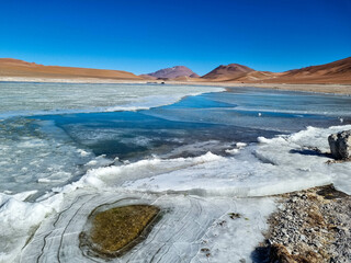 Laguna Diamante, Atacama Desert, Chile. Frozen lagoon on the Rota dos Salares, at the altitude of the desert