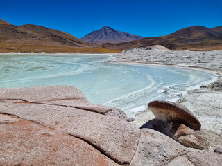 Piedras Rojas, Atacama Desert, Chile. Salt lake and reddish rock formations that form a beautiful desert landscape