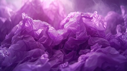   A mound of purple tissue paper is resting on a heap of other purple tissue papers, atop a table