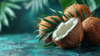   A pair of coconuts rests together on a blue-green surface, surrounded by palm fronds