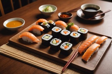 Stylish sushi set on table on brown background at home with sun light