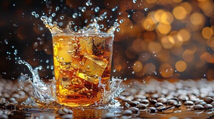   A glass of ice tea with a splash of water on top and coffee beans surrounding it