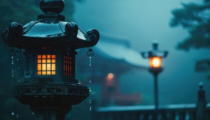 A lantern with a light inside is sitting in the rain by AI generated image