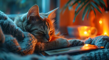 A cat is sleeping on a blanket next to a lit candle - Powered by Adobe