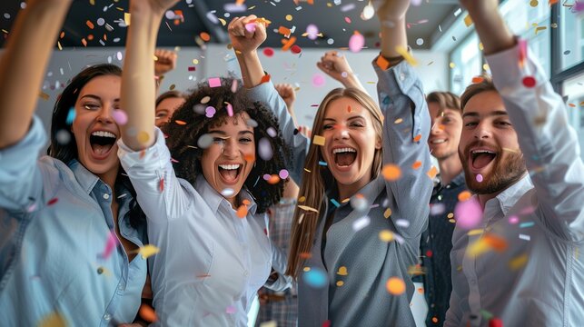 Happy business people celebrating success at company