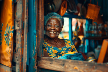Portrait of elderly African woman at flower shop