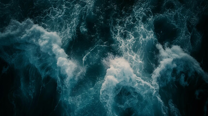 Obraz premium A breathtaking aerial view of ocean waves rolling across the surface of the water, captured from above to showcase the vastness and power of the sea. Dynamic and dramatic compositi