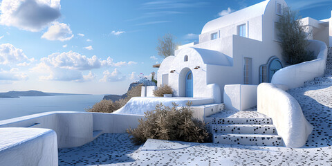 White architecture on Santorini island Greece Beautiful winter landscape White architecture of Oia...