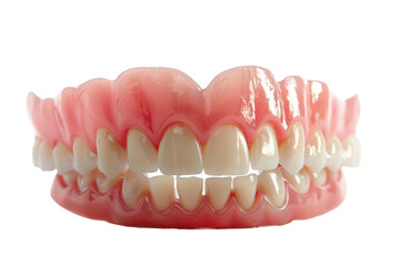 Obraz premium A set of dentures with a pink base and white teeth. The dentures are full dentures, meaning that they replace all of the teeth in an arch. isolated on transparent background