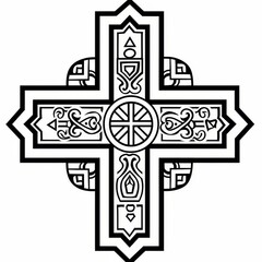 Detailed black and white illustration of a Christian cross with elegant floral patterns.