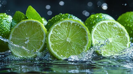   A group of limes floating on a body of water with waves crashing onto them