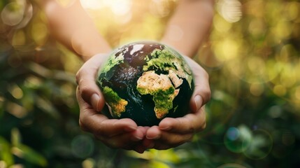Close up of hands holding Earth planet on blurred nature background. Save the earth concept