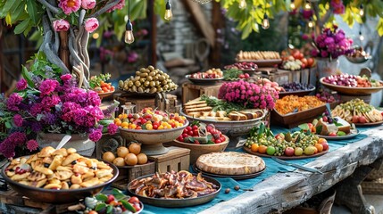 Fototapeta premium A well-organized image featuring a variety of fresh produce arranged on multiple trays, surrounded by a lush green tree