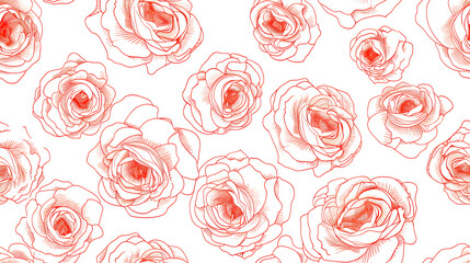 Line art red roses seamless pattern on white background 