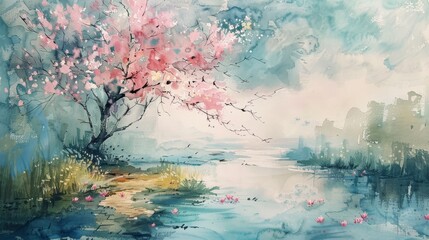 The watercolor painting shows a cherry tree in full bloom