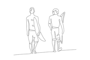 Two men walking holding surfboards. Summer concept one-line drawing
