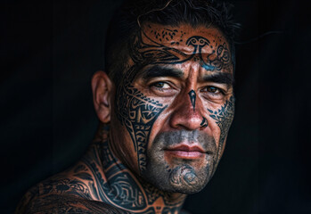 Portrait of Maori man in his 30s with facial tattoos