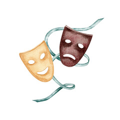 Theatrical actors comedy and tragedy masks composition. Hand drawn watercolor illustration on transparent background. Vintage musical program logo, ticket design for classical music flyers, posters