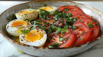   A zoomed-in image of an egg, tomato, and parsley-topped dish on a table surface
