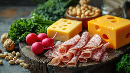   A variety of cheese, meat, nut, and vegetable options are displayed on a wooden platter on a table