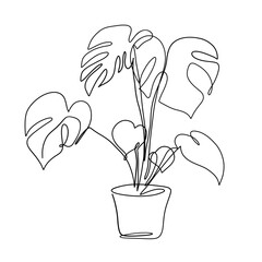 Continuous one line drawing of house plant flowers in a pot. Tropical flower in a pot single outline vector illustration. Editable stroke.
