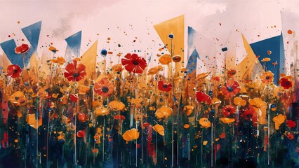 watercolor painting of wildflowers in a geometric abstract style Background