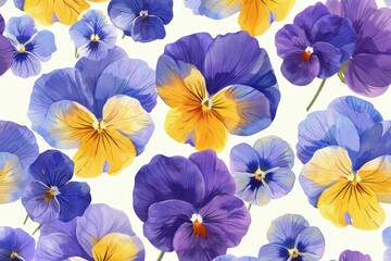 Seamless pattern of vibrant purple and yellow pansies on a clean white background for design and decoration purposes
