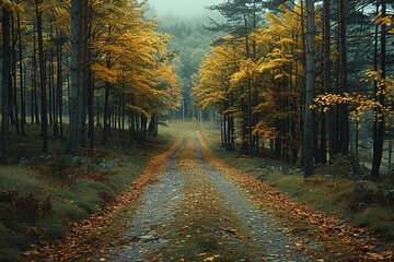 autumnal forest nature fall season road foliage landscape trees orange path yellow beauty park background leaves - Powered by Adobe