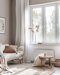 Minimalist interiors in neutral colors with a window illuminating the room. Interior design composition with minimal furniture and decor.