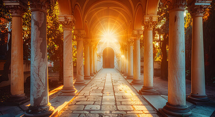 An archway with columns on a stone walkway. The sun is shining through the archway