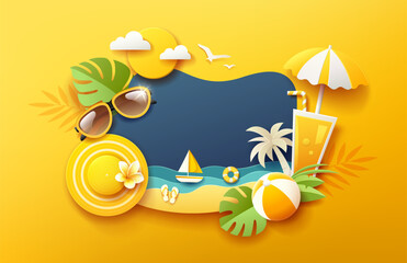 Summer holiday fun, with tropical green leaf on sea beach, paper cut concept design on yellow background, Eps 10 vector illustration

