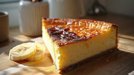   A perfectly-positioned slice of cheesecake atop a wooden cutting board, surrounded by a sliced banana and steaming cup of coffee
