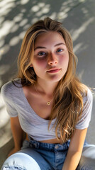 Fototapeta premium Smiling Teen Girl in 2002 Wearing Casual Summer Outfit 