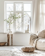 Minimalist interiors in neutral colors with a window illuminating the room. Interior design composition with minimal furniture and decor.