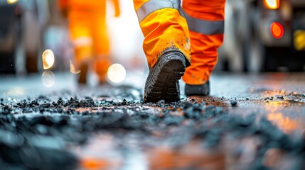 Supervising asphalt paving with road roller. road workers in reflective gear on construction site