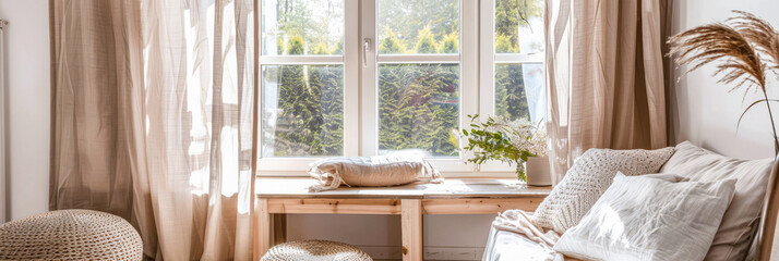 Minimalist interiors in neutral colors with a window illuminating the room. Interior design composition with minimal furniture and decor.
