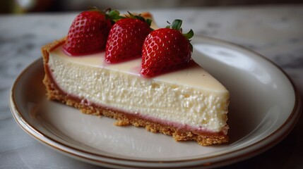   A slice of cheesecake with three strawberries on top, displayed on a white plate on a marble table