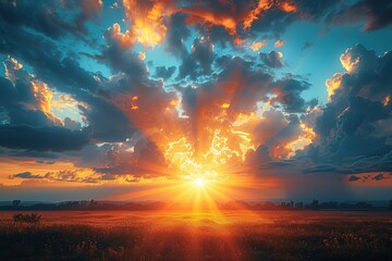 Obraz premium sky sun sunset light clouds nature landscape sunrise heaven yellow sunlight background bright atmosphere beauty