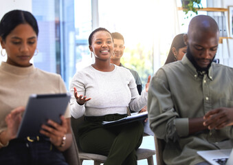 Black woman, talk and planning at conference, teamwork and staff training for sales in office....