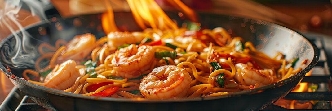 A flaming wok filled with aromatic lo mein noodles and succulent shrimp, saut?ed to perfection in a sizzling, fiery display of culinary skills. A tantalizing appetizer or main course filled with