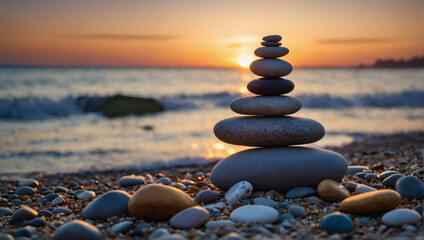 Sunset meditation, a stack of Zen stones amid the calming hues of dusk, invoking serenity on the beach.