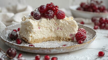   A beautifully decorated plate featuring a slice of cheesecake with fresh raspberries and a dusting of powdered sugar, accompanied by a vibrant bowl of juicy raspberries