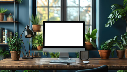 Fototapeta premium A computer monitor sits on a desk in front of a window by AI generated image