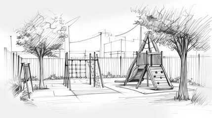 Drawing of a play area such as swings, slides and climbing structures using thick lines