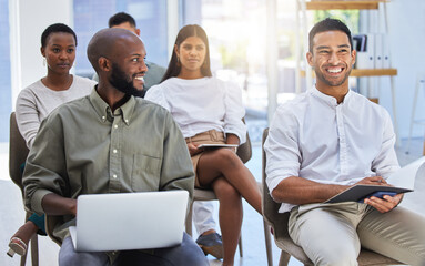 Audience, learning and training in office with technology in meeting, seminar or conference....