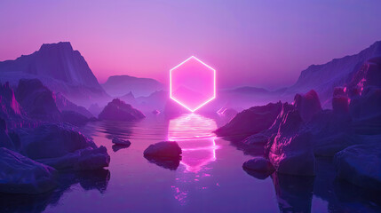neon hexagon pink light shining on top of the river 