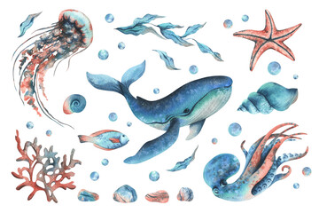 Fototapeta premium Octopus, whale, jellyfish, turtle, shells, starfish, fish, bubbles, other sea animals. Hand drawn watercolor illustration in turquoise, blue and coral colors. Set of elements isolated from background.