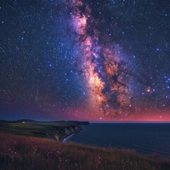 Photograph of a wide-angle shot of a starry night sky, with the majestic Milky Way stretching across the horizon