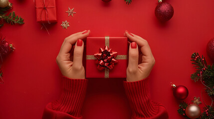Female hands with Christmas gift and beautiful decoration
